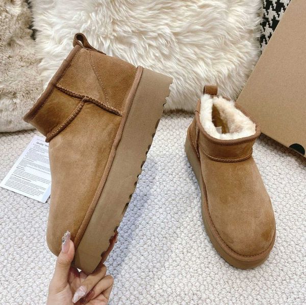 

boots women classic mini platform boot ultra matte fur snow suede wool blend comfort winter designer ankle booties the same model for intern, Black