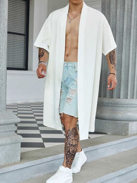 

men's fashion rsrt men plus solid open front kimono, White;black