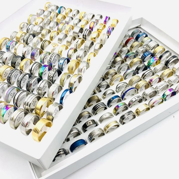 

wholesale 100pcs stainless steel band rings for men women mix patterns fashion jewelry accessories, Silver