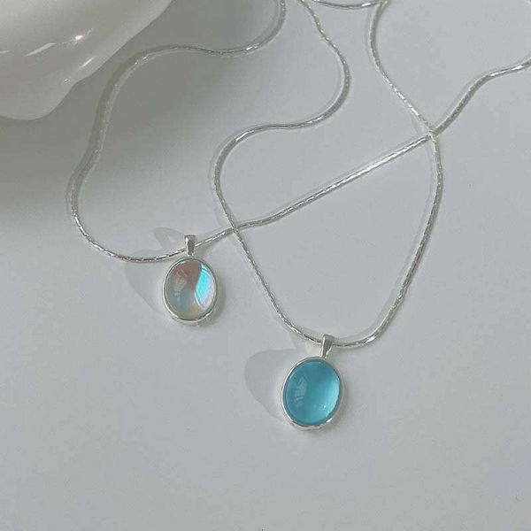 

designer's new s pure sier moonlight stone sea blue treasure necklace, unique design for women, oval snake bone chain, Silver