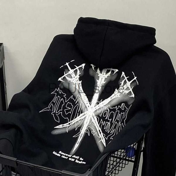 

men's hoodies sweatshirts american high street sword of death print men hooded sweater ins street style large size loose drape couple s, Black