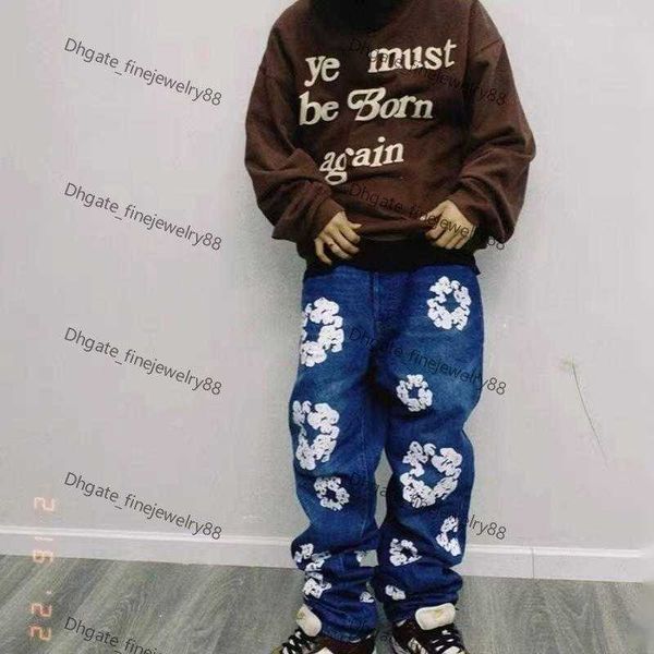 

men's jeans european and american denim tears autumn winter vintage flower printing wash loose straight jeans hj2, Blue