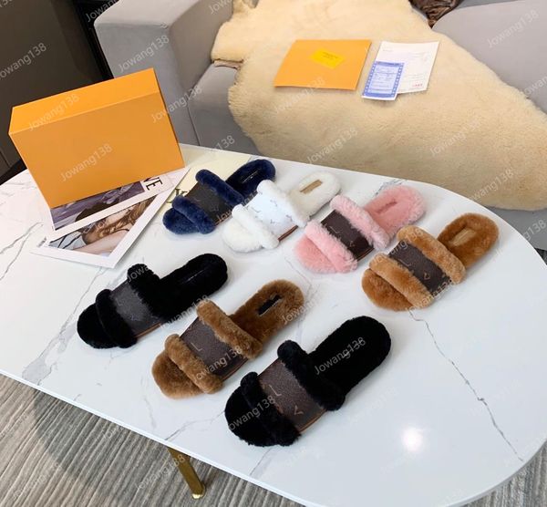 

lock flat mule sandal slipper luxury designer men women autumn winter fashion classics leather rubber flat bottom wool woolen outdoors slipp, Black