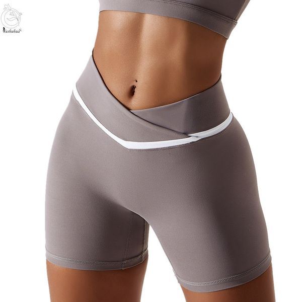 

womens shorts yushuhua high waist splice color tight yoga shorts women elastic quickdrying run sports shorts hip lifting gym training shorts, White;black
