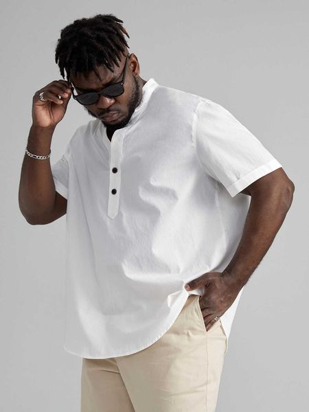 

men's fashion sizes men cotton half button curved shirt, White;black