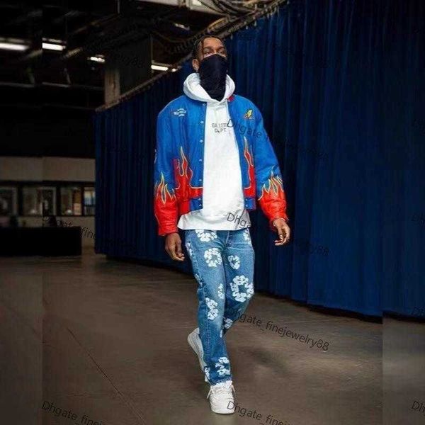 

men's jeans european and american denim tears autumn winter vintage flower printing wash loose straight jeans mj, Blue