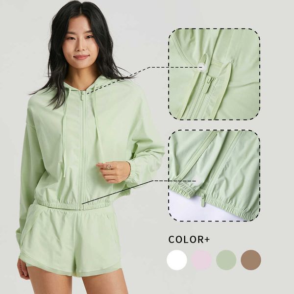 

hood drawstring sports long sleeve fitness women's gym clothes breathable workout jacket sun protected yoga shirts lll-uuu