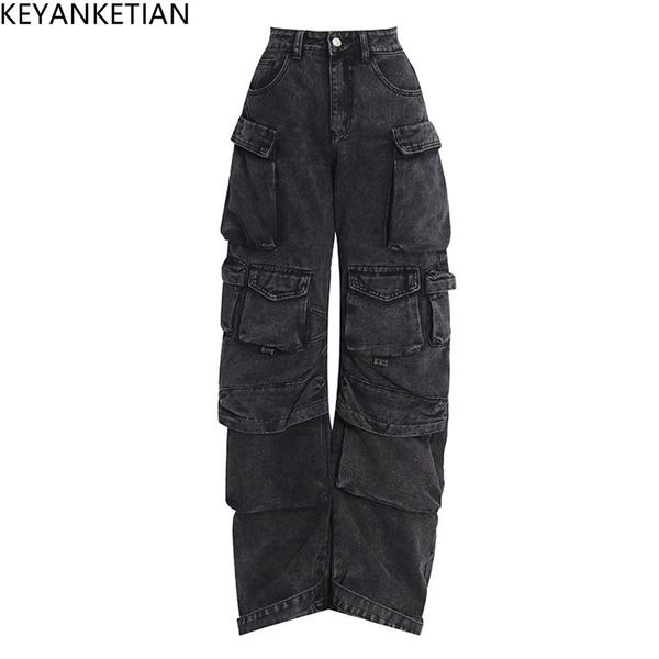 

women s jeans getspring women denim pants autumn winter multi pocket wide leg fashion loose leisure long trousers arrvial 230720, Blue