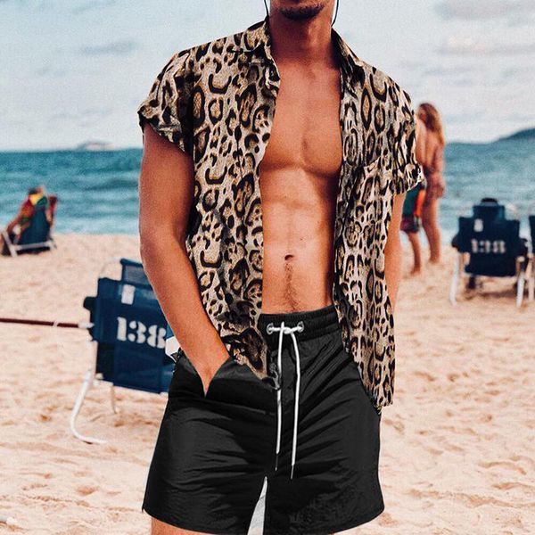 

men's tracksuits summer men hawaiian sets leopard print short sleeve shirt beach button shorts holiday men's two piece suit cardig, Gray