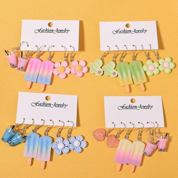 

fun and creative acrylic resin earring set with multi pair combination flower earrings and earrings, Silver