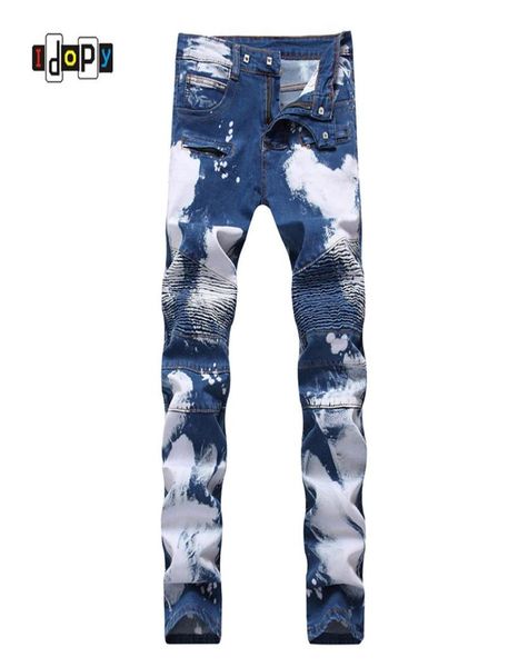 

idopy mens fashion brand designer biker jeans hip hop punk style painted denim pants straight fit jean trousers for men2157115, Blue