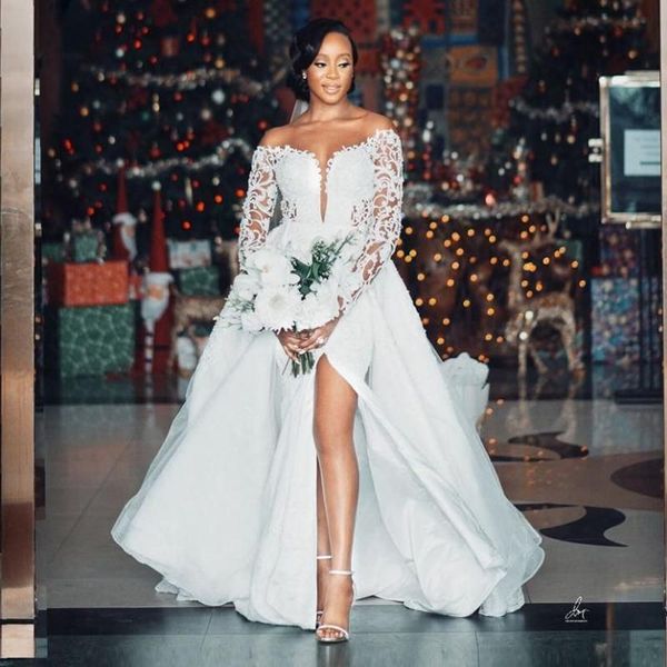 

2023 mermaid wedding dress bridal gowns luxury african with detachable train off the shoulder long sleeves lace appliqued crystal pearl bead, White