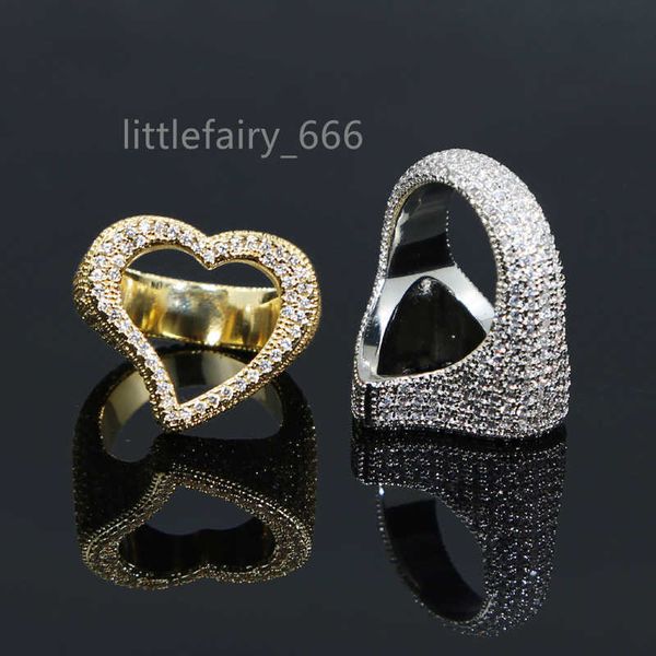 

big heart ring full micro paved iced out bling cubic zirconia hiphop lover rings luxury punk jewelry for men and women, Silver