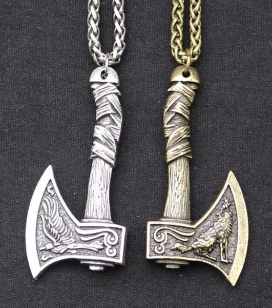

pendant necklaces odin norse viking wolf and raven axe amulet witchcraft necklace wicca pagan slavic perun for men boys5982299, Silver