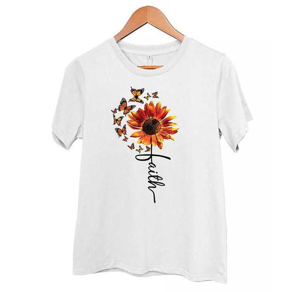 

round neck short sleeve t-shirt women's summer leisure flower print top, White