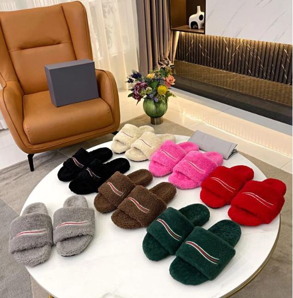 

furry slide slippers sandals designer luxury women wool leather sandal political campaign logo embroidery slipper fashion with box size 35-4, Black