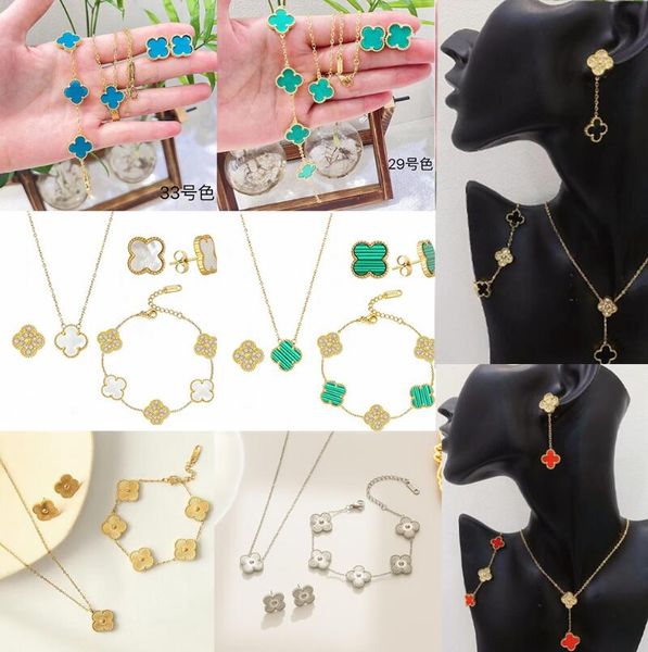 

20color 4 four leaf clover luxury designer jewelry sets shell brass copper women bracelet earrings necklace valentine's day birthday gi, Black