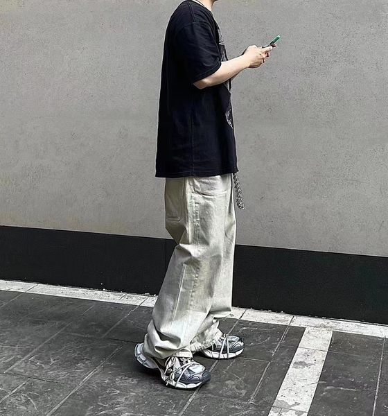 

original yiyae washed jeans men loose wide leg jeans for men washed denim white pants fashion loose men hiphop streetwear causal jeans, Blue