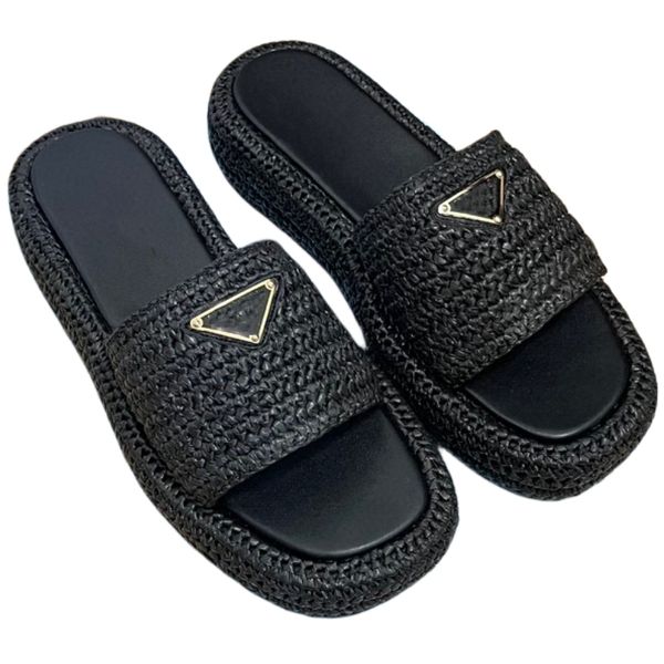 

new fashion slippers luxury designer sandals thick soled straw woven shoes sheepskin beach shoes outdoor anti-skid lettered shoes women&#039, Black