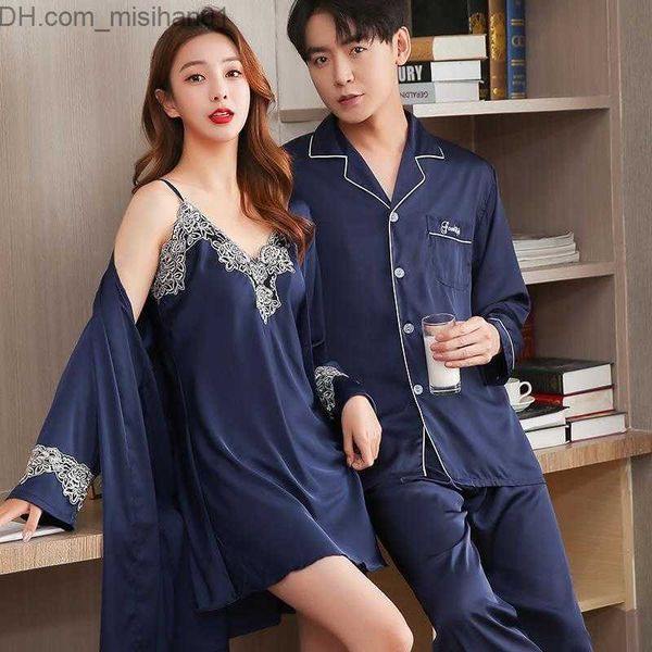 

men's sleepwear couple silk pajamas men's long sleeve pajamas 2-piece family clothing pajamas para parejas shirts trousers pants z, Black;brown
