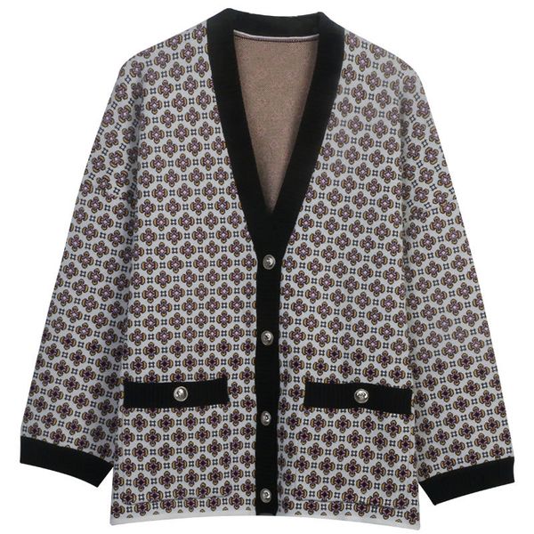 

genuine maje light luxury vintage jacquard knit cardigan, Black;brown