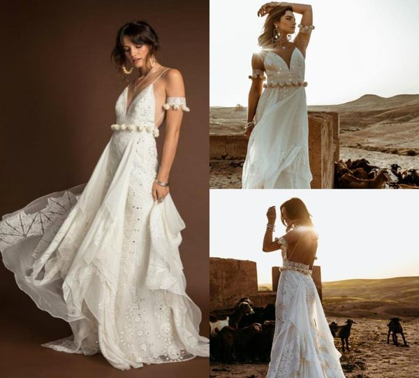 

2019 bohemian wedding dresses spaghetti lace hand made flower applique chiffon backless bridal gowns plus size country mermaid wed4922476, White