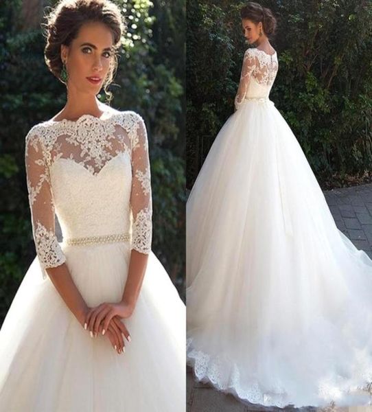 

vintage arabic lace half sleeves a line princess wedding dresses long bateau pearls tulle princess bridal gowns with see through b6834934, White