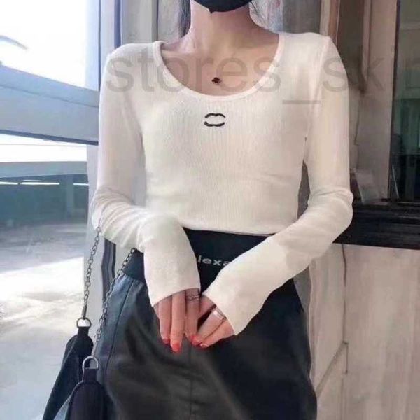 

women's t-shirt designer printed round neck long sleeved pit stripe bottom shirt, fashionable and versatile slim knit for women alvk, White
