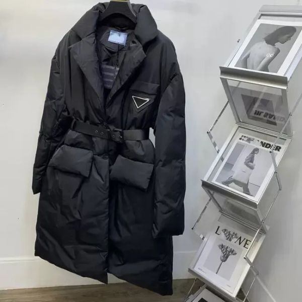 

women down coat short belt suit collar bread thickened warmth military down jacket casual medium long coat, Black
