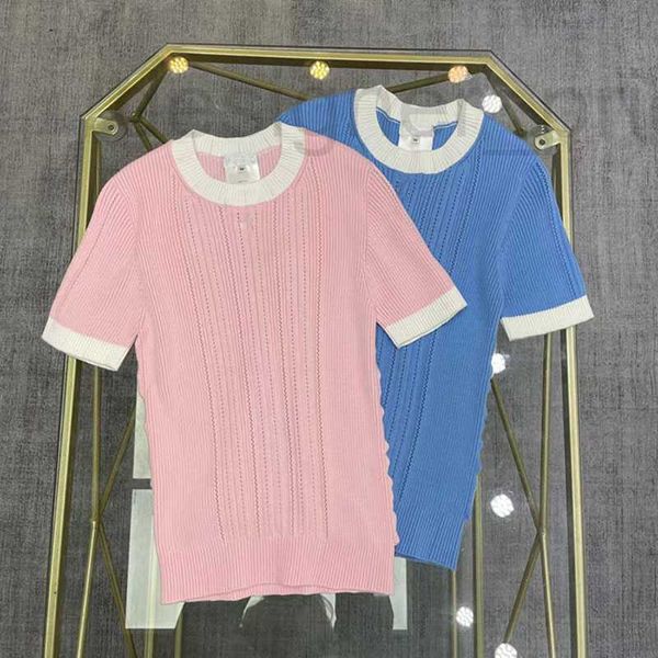 

designer high-end custom 2023 new vertical stripe lake blue knitted short-sleeved leggings crewneck slim for women, White