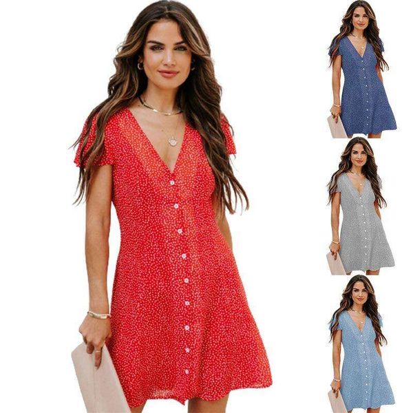 

fashion womens wear summer polka point short sleeve dress v neck buttoned up, Black;gray