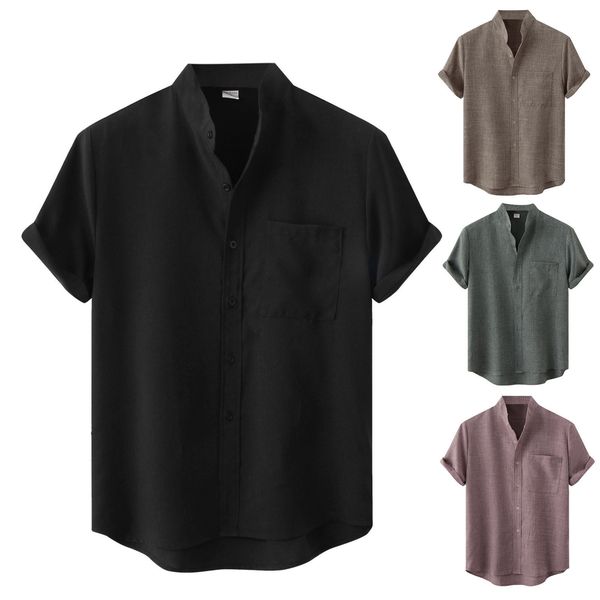 

men's polos vintage cotton linen shirt men breathable casual short sleeve oversize summer stand collar boho style mens shirts plus siz, White;black