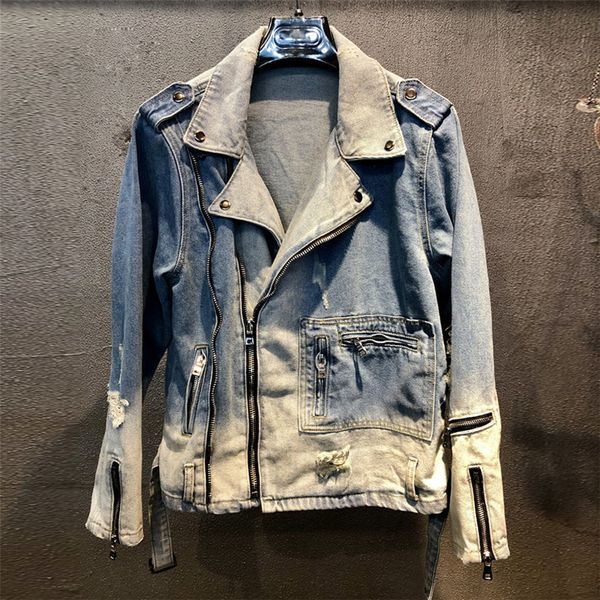 

men s jackets high street vintage holes ripped coat patchwork denim jacket men zippers biker for motorcycle blue 230720, Black;brown