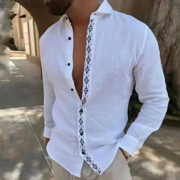 

men's casual shirts fashion cotton linen shirt button turn-down collar long seeve loose blouse beach printed spring summer men casual, White;black