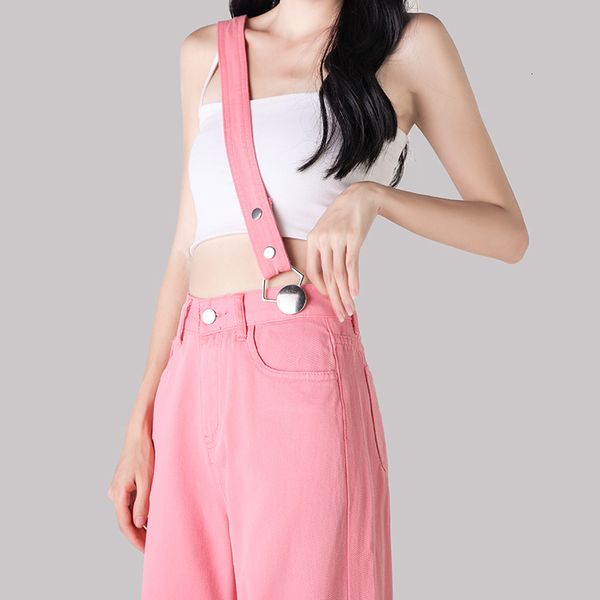 

women s jeans pink denim suspenders spring and summer casual high waist single shoulder wide leg pants removable shoulde 230720, Blue
