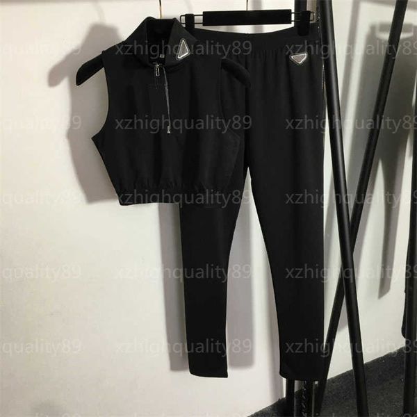 

ropa de mujer womens tracksuit designer women clothes triangle label collar sleeveless stylish handsome vest stretchy skinny bottoms sweatpa, Gray