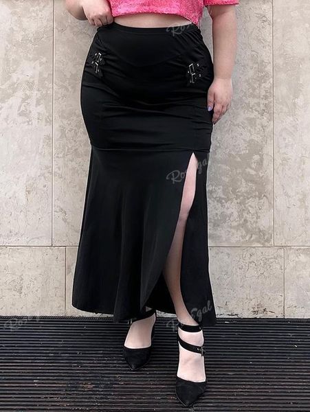 

skirts rol buckles slit bodycon maxi black high waisted flounce pull on skirt for women streetwear split long 5xl 230720