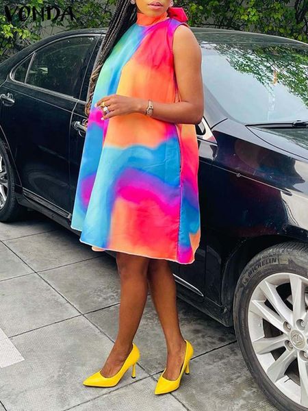 

plus size dresses plus size 5xl vonda dress women summer sleeveless mini sundress bohemian printed bandage casual loose tank beach robe 2307, Black