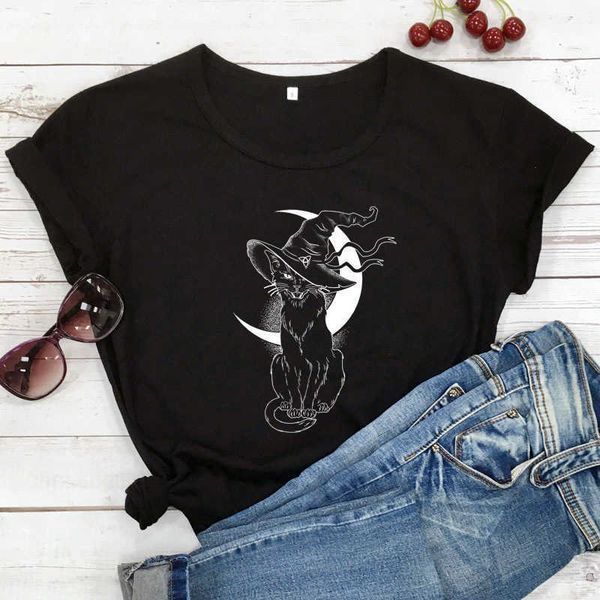 

celestial moon cat witch t-shirt aesthetic women, White