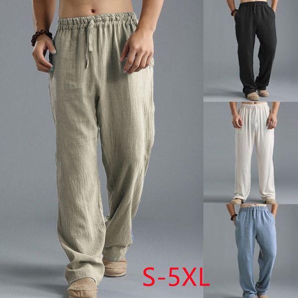 

mens pants summer casual cotton linen loose drawstring yoga trousers clothing pantalones de hombre 230720, Black