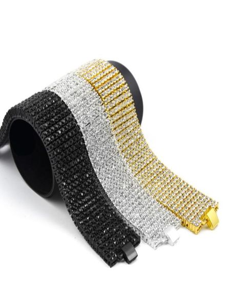 

exaggerated 8 rows 30mm wide chains bracelets shiny full rhinestones bangle hip hop bling jewelry tshow nightclub accessories1841317, Black