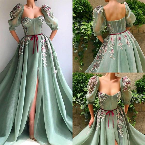 

vintage beaded split prom dresses a line sweetheart half long sleeve lace appliqued plus size evening gowns custom made party dres245i, Black