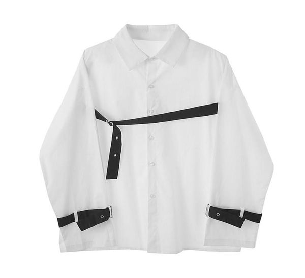 

men039s casual shirts yohji dark men bandage stripe stitching brand design withe male owen japan korean style clothes streetwea4533137, White;black
