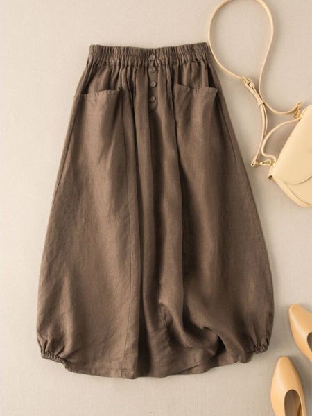 

skirts summer cotton and linen skirt women fashion retro solid color high waist midlength aline 230720, Black