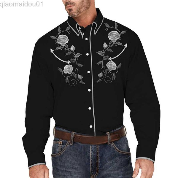 

men's casual shirts shirts man shirt for men dress shirt flowers printed long sleeve loose men western new spring and autumn fashion l2, White;black