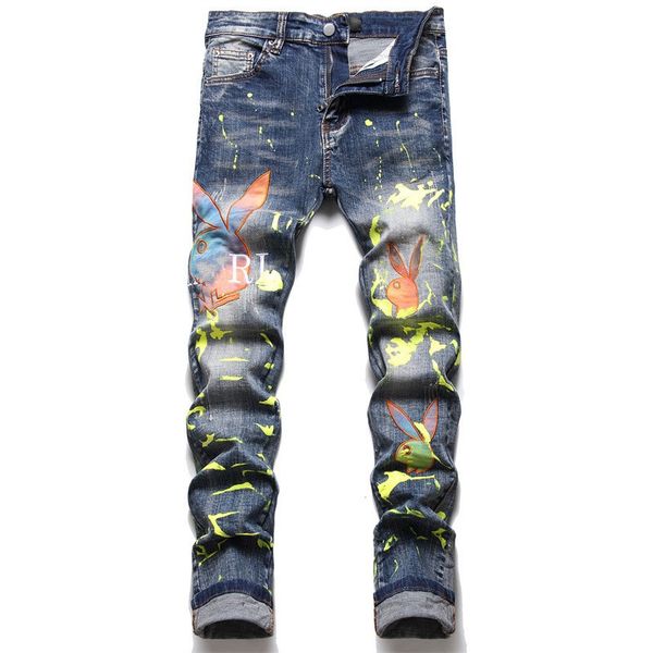 

mens jeans quality distressed printing motorcycle patch biker jeans tight ripped hole stripe famous denim pants, Black