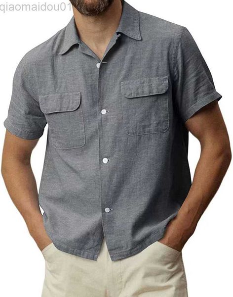 

men's casual shirts 2023 spring autumn new men shirts cotton linen shorts sleeved shirt double pocket tooling turn-down collar shirt me, White;black