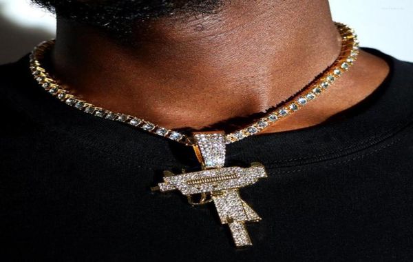 

chains fashion shiny rhinestone uzi submachine gun pendant necklace for men women iced out paved crystal tennis chain jewelry2897466, Silver