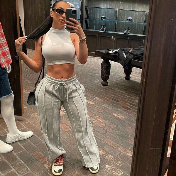 

women s pants s solid color casual sweatpant 2023 summer joggers fashion high waist drawstring loose straight 230720, Black;white