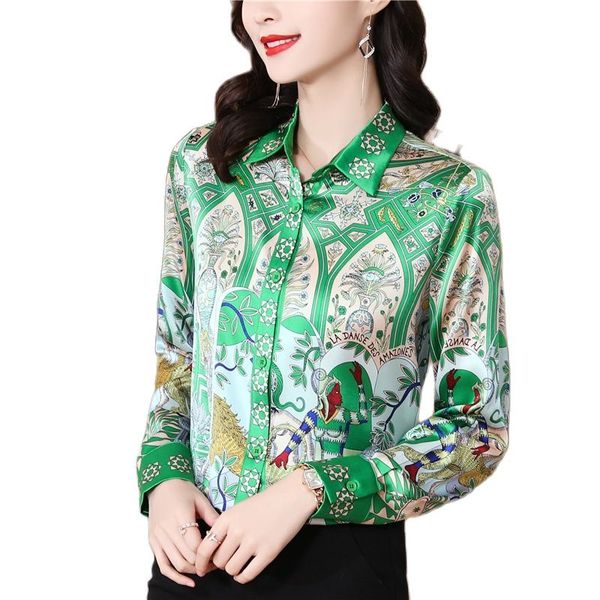 

2023 silk print designer blouses women fine elegant button up shirt office long sleeve lapel ladies shirts slim spring autumn woman casual b, White